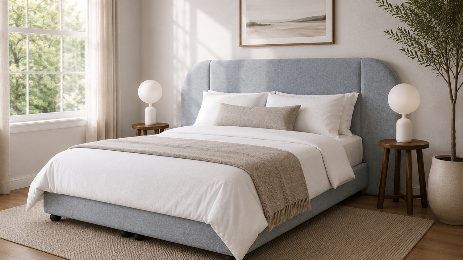 Light blue fabric bed frame with rounded winged headboard, white bedding and wooden side tables